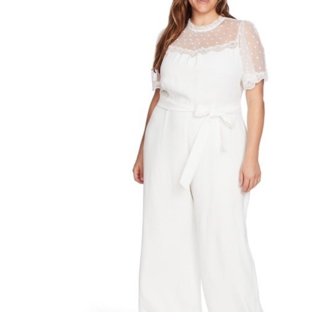 CeCe Short Sleeve Jumpsuit with Flocked Dot Yoke